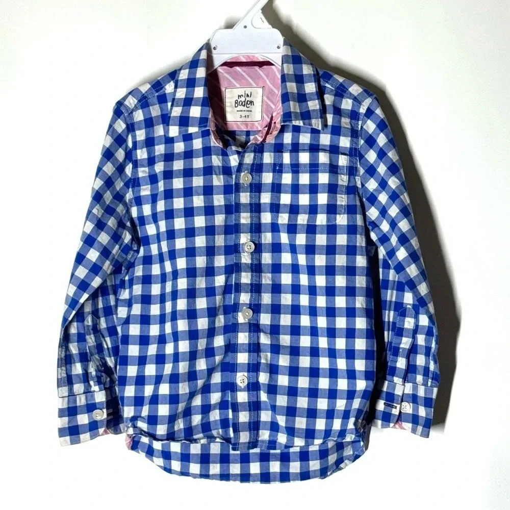 Mini Boden Boys Blue Check Plaid Button Up Size 3-4 Years